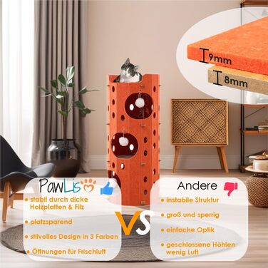 Котяча кігтеточка преміум-класу з 4 ярусами та 3 будиночками, філц, 90 см, зелений (помаранчевий), 35x35x90 см