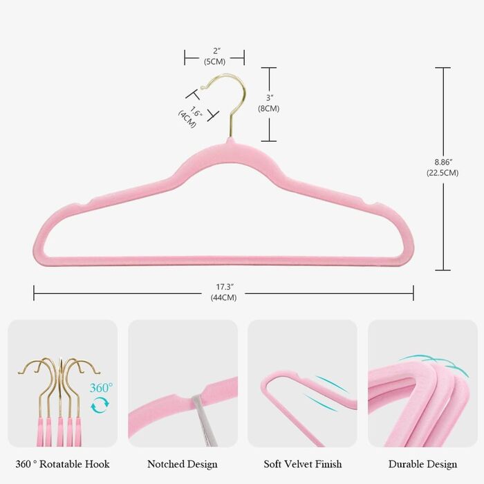 22 шт. велюрові вішалки для одягу Stormix - преміум-якість, для піджаків, сорочок, суконь (рожево-золотий)