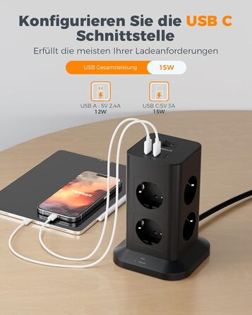 Блок розеток TESSAN із захистом від перенапруги 3600W 16A, 8 розеток + USB-C, подовжувач 2м, сірий, 1 USB-C (сірий&білий)