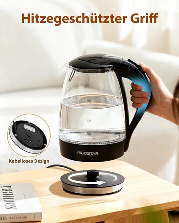 Електричний чайник Aigostar Adam, 1.7 л, 2200 Вт, LED, скло, без BPA, з фільтром від накипу, чорний