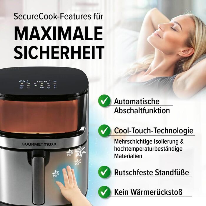 Gourmetmaxx 4-in-1 Digital Air Fryer | Powerful Air Fryer 2200 W | Low-Fat + Energy-Saving Frying with Touch Display & Timer Function - 7.5L | [Includes 10 Programs] Stainless Steel / Black 7.5 Liters