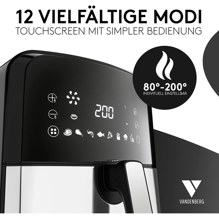 Фритюрниця без олії Vandenberg 5.5L з 12 програмами, 1700W, антипригарне покриття, сенсорний дисплей