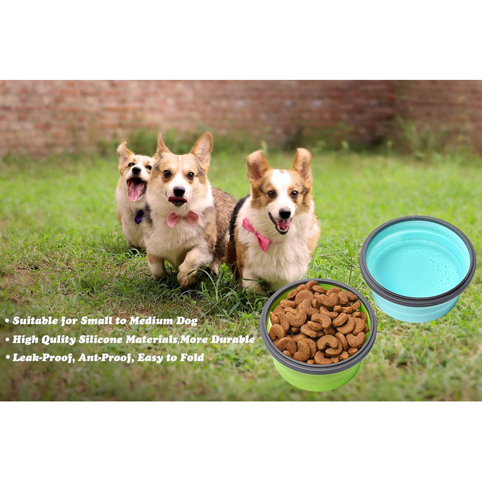 Складані миски для собак з силікону для корму та води, для подорожей, з кришкою, портативні, розширювані, для домашніх тварин, для прогулянок, кемпінгу, 2 шт. блакитний / зелений (Medium, блакитний / зелений)