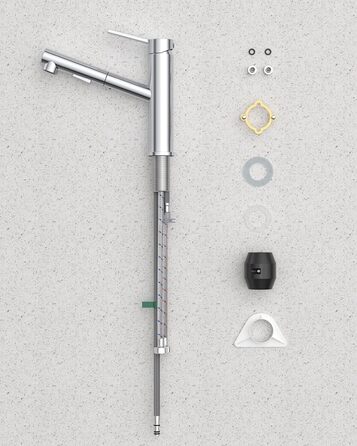 Змішувач кухонний DAYONE з висувною лійкою, нержавіюча сталь, 3 режими, 360° обертання, для кухонної мийки (15 см), матовий (хром, низький вигин-337)