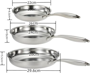 Набір сковорідок SanheKit з нержавіючої сталі, 3 шт. (8, 10, 12 дюймів), професійний, індукційний, для плити та духовки