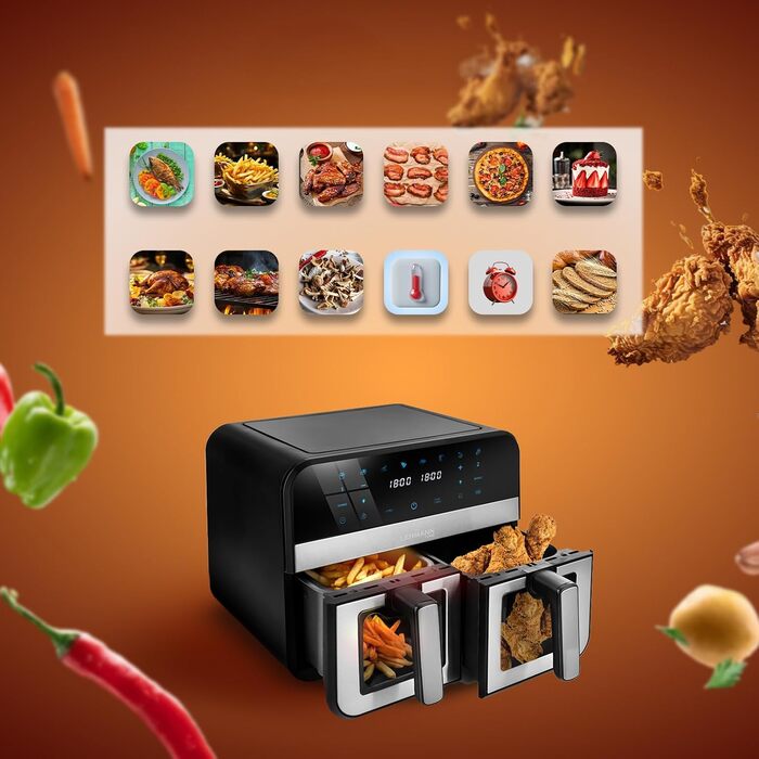 Фритюрниця повітряна LEHMANN з 2 камерами, 9л, 2400 Вт, AirFryer XXL з 12 програмами, до 200°C, WiFi, без олії, з технологією Air Fry – гриль, випічка, ферментація, дегідратація