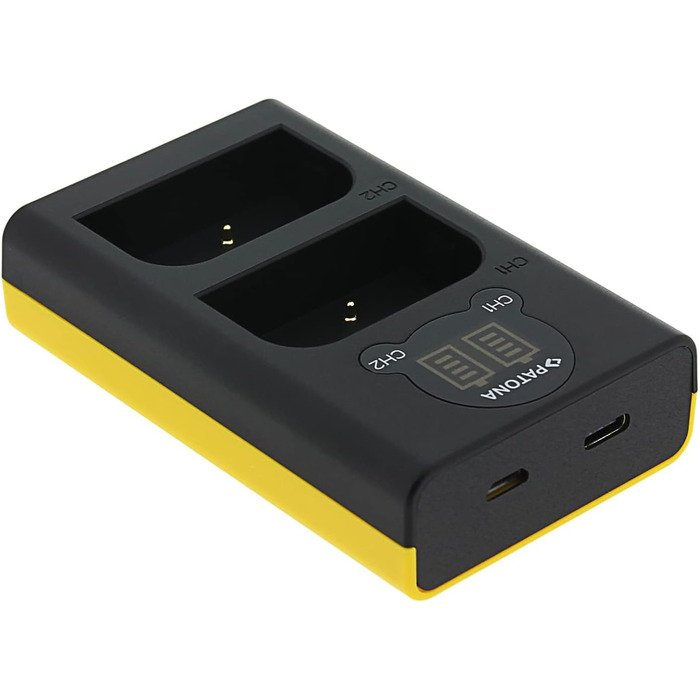Зарядний пристрій Patona Dual LCD USB-C/Micro-USB для акумуляторів Olympus BLX-1 (OM System OM-1, OM-1 Mark II, OM-3) – одночасна зарядка 2-х акумуляторів з індикацією заряду, компактний для подорожей