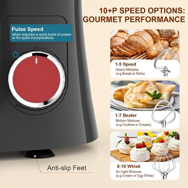 Кухонна машина-міксер Facelle 1500W з 5.5L та 4.5L чашами, 10+ програм, тиха робота, з набором насадок (червоно-сіра)