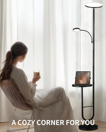 Стійка лампа LuminexDesigns з регулюванням яскравості, 36W+7W LED, 3200LM+600LM, 2700K-6500K, чорний колір. Сучасна підлогова лампа для вітальні з пультом дистанційного керування та функцією настільної лампи.