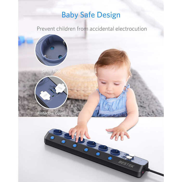 BESTEK Розподільник розеток 6-фазний з USB, захист від перенапруги 900 Дж, настінний, з вимикачем, синьо-білий, кабель 3 м