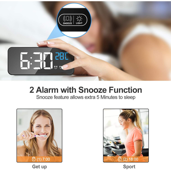 Цифровий годинник MOSUO з LED-дисплеєм, USB-зарядка, показник температури, голосове керування, 2 будильники, відкладений сигнал, регулювання яскравості та гучності (Чорний)