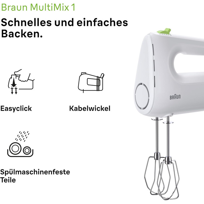 Braun Household MultiMix 1 HM 1100 WH Hand Mixer - Handheld Mixer with 4 speed settings plus Turbo, FastMix Technology, EasyClick, incl. whisk, one-hand operation, 450W, White White MultiMix 1 - incl. whisk
