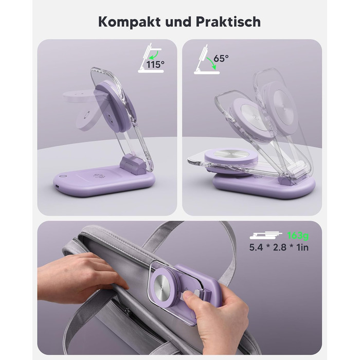 Зарядний пристрій MagSafe 3-в-1 для Apple Watch та iPhone: фіолетовий колір. Підходить для iPhone 17, 16, 15, 14, 13, 12 Pro Max/Air/Plus/Pro та Apple Watch 10/9, Airpods 3/2/Pro