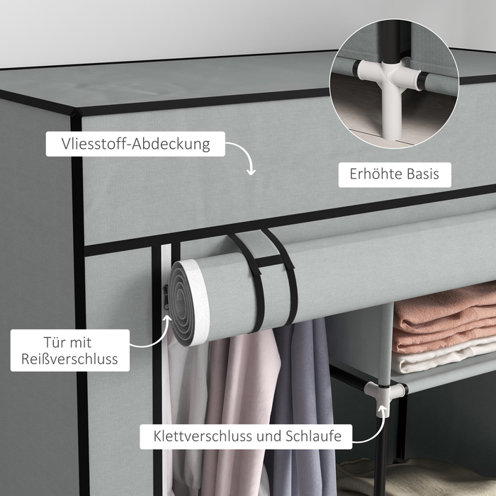 HOMCOM Fabric Closet, Space-Saving Wardrobe with 5 Compartments & Clothes Rail, Zipper, Folding Closet in Light Grey