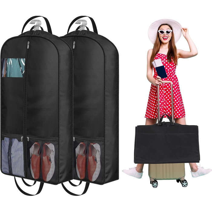 Чохли для одягу 2 шт. - мішки для зберігання одягу, 108x60x15 см, чорні мішки для одягу з блискавкою, захист від пилу та вологи для вечірніх та весільних суконь