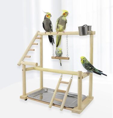 Bird Playground, budgie toys, bird playground stand, bird gym, bird accessories, climbing frame with ladder, running grid with feeder cups, tray, swing for parakeets, wavy parrots, finches, etc. (#7)