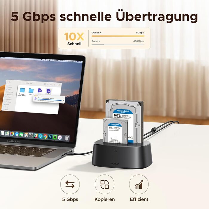 Док-станція для жорстких дисків UGREEN Dual Bay USB 3.0 5Gbps з функцією офлайн-клонування
