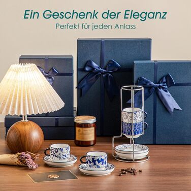 Набір чашок для еспресо Vancasso SELENE з блюдцем та підставкою, 4 шт, 90 мл, блакитно-білий, кераміка