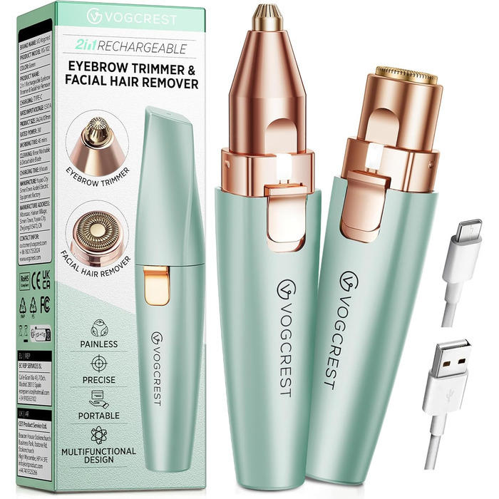 Триммер для обличчя та брів VG VOGCREST 2-в-1, акумуляторний, з LED-підсвіткою (Рожеве золото, Зелений)