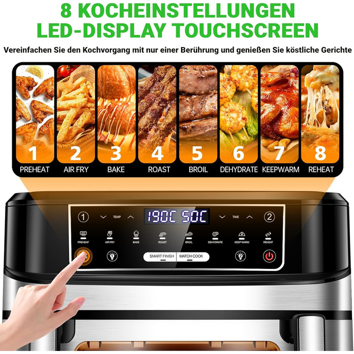 Фритюрниця повітряна подвійна 12л з 8 програмами та рецептами | Регулювання температури до 200°C, срібна