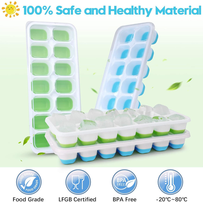 Силіконові форми для льоду з кришкою, BPA-free, набір 8 шт. (стакабельні), для коктейлів, віскі та кави, сертифікація LFGB, синій та зелений кольори