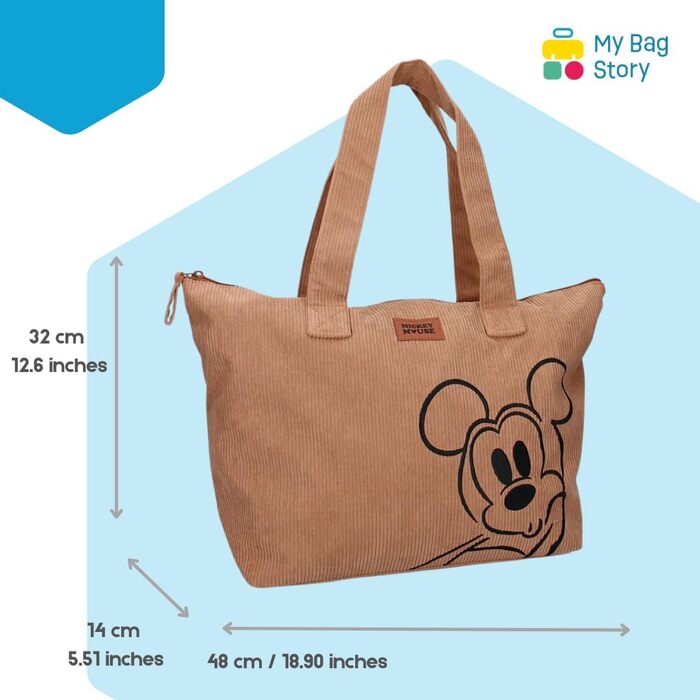 mybagstory - Corduroy Mickey Mouse Brown Tote Bag – Women – Teenager – Beach – Shopping – School – College – Size 48 cm – Suspenders, Brown Mickey Mouse, One Size