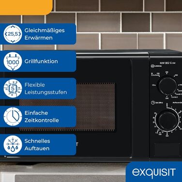 Мікрохвильова піч Exquisit MW 802G, 20л, 1000 Вт, гриль, таймер, чорна