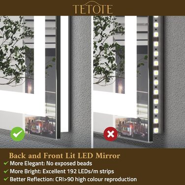 Дзеркало для ванної кімнати TETOTE з підсвічуванням 50x70 см, без рами, LED, сенсорне керування, 3 кольори, регулювання яскравості, пам'ять, 70 см x 50 см