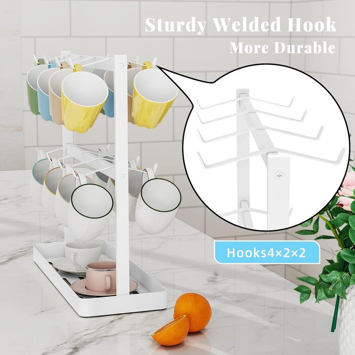 YUMORE Mug Rack with 16 Hooks, Mug Stand, Metal Coffee Cup Holder with Storage Bottom, Coffee Cup Holder, Cup Rack for Kitchen, Dining Room, Cafe Counter, 42 * 15 * 41.5cm (White)