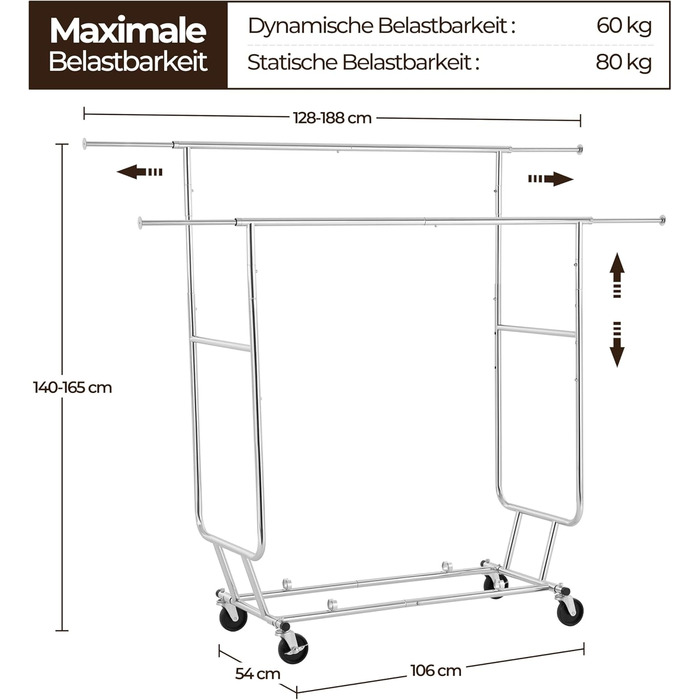 Yaheetech Clothes Rack Coat Rack with 2 Extendable Clothes Rods Freestanding on Wheels Height Adjustable Holds up to 130 KG