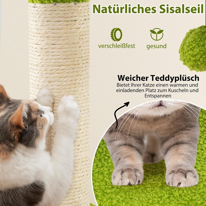 Дерев'яний кігтеточка для котів Costway 97 см з печерою та лежанками, кігтеточка з сизалевого мотузка та дерев'яною основою, зелено-бежева