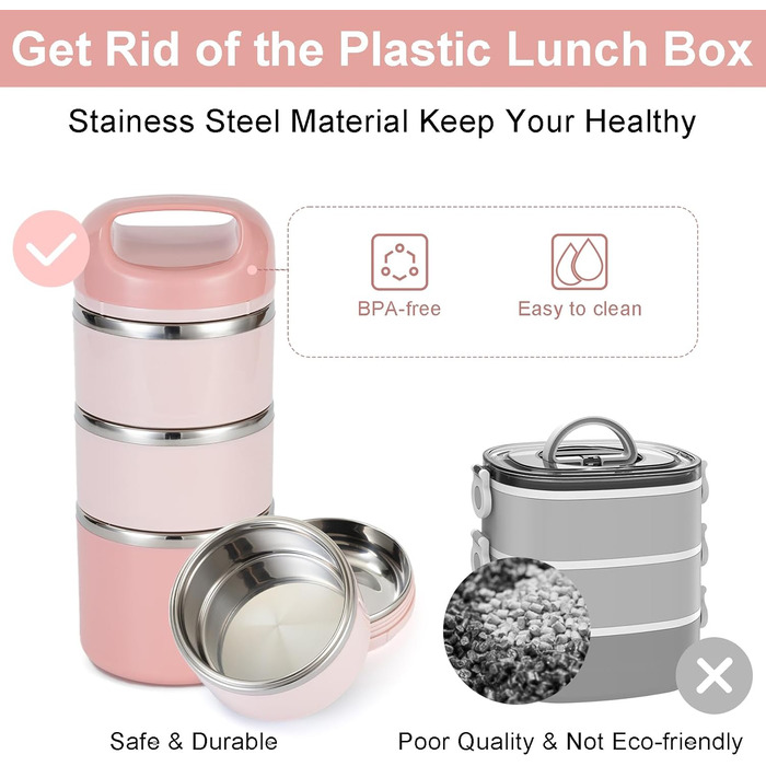 Ланчбокс Lille Home 1.43L з нержавіючої сталі - ізольований, без BPA, для дорослих (рожевий)