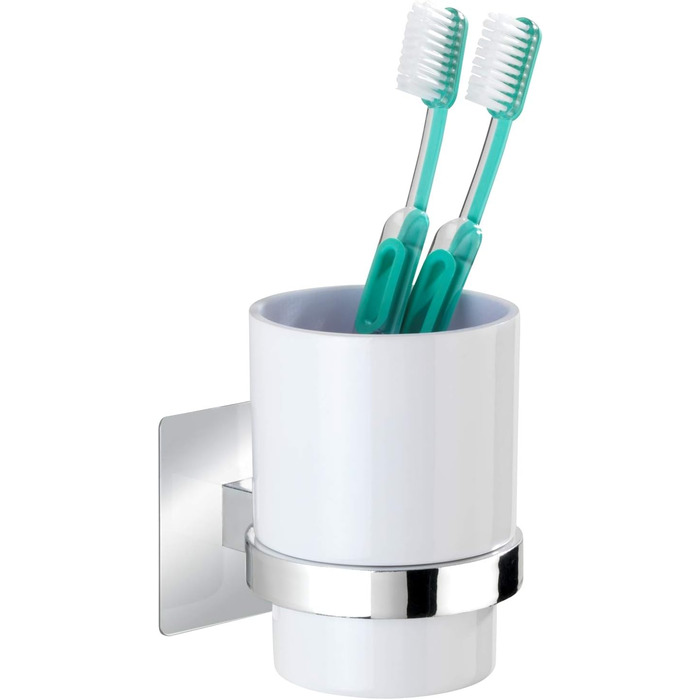 WENKO Turbo-Loc® WC-Garnitur Quadro - WC brush holder, 9.5 x 35.5 x 12 cm, Chrome & Turbo-Loc® toothbrush cup Quadro - toothbrush holder for toothbrush and toothpaste, 7 x 10 x 9.5 cm, Chrome
