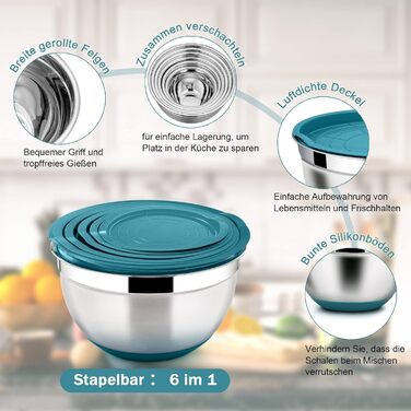 Mixing Bowl Set of 6, Homikit Stainless Steel Bowl Set, Salad Bowl with Airtight Lid & Non-Slip Silicone Bottom for Cooking/Baking/Serving, 4.6L/2.8L/2.5L/1.6L/1.2L/0.7L, Blue