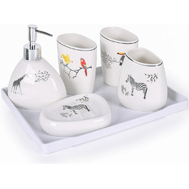 Bathroom accessory set, gold marble look, modern 6-piece bathroom accessory set, complete with soap dispenser, toothbrush holder, cup, tray, and countertop organizer (Tier)