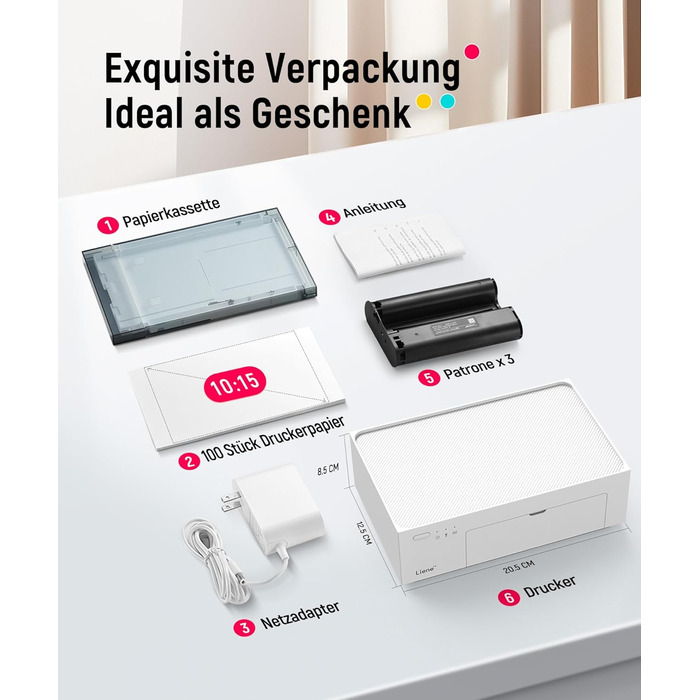 Портативний фотодрук для смартфонів Liene (10x15 см) + 2 пачки фотопаперу (20+80 аркушів), WiFi, сумісний з iPhone/Android/PC, 300 DPI, кольорова сублімація, білий