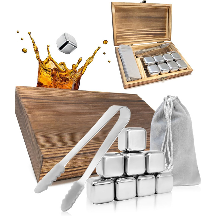 Камені для віскі Com-Four® з нержавіючої сталі - подарунчий набір (12 шт) з мішком та коробкою. Багаторазові камені для віскі, джину, тоніку та коньяку.