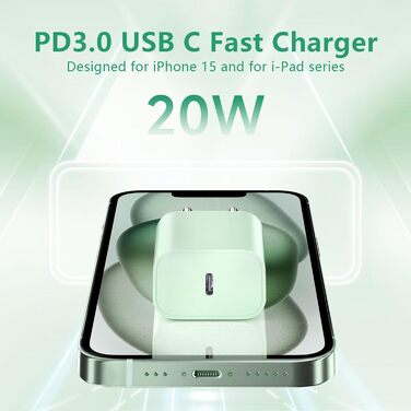 Зарядний пристрій USB-C 20W для iPhone 17/16/15 Pro/Plus, кабель Type-C 2м, PD3.0, адаптер живлення - Зелений