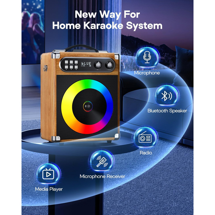 Портативна караоке-система з 2 бездротовими мікрофонами та акумуляторами, 20W, дерев'яний корпус