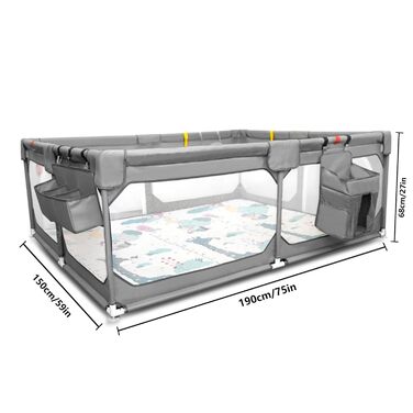 JINXIA Playpen Baby 190x150cm, Baby Safety Gate with Breathable Mesh and Mattress, Extra Large Playpen for Babies and Toddlers, Robust Safety Play Yard for Indoor Fun, XXL, Grey 190×150cm