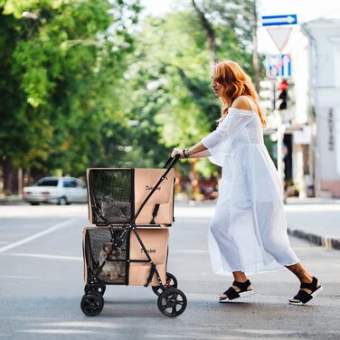 Візок для собак та котів COSTWAY 2-ярусний, до 16 кг, з сіткою, тримачем для напоїв та зчіпкою (Бежевий)