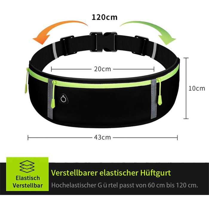 Пояс для бігу з водонепроникним регульованим гумовим ремінцем, піткостійкі кишені на стегнах великої місткості, ідеально підходить для бігу та активного відпочинку (New Schwarz)