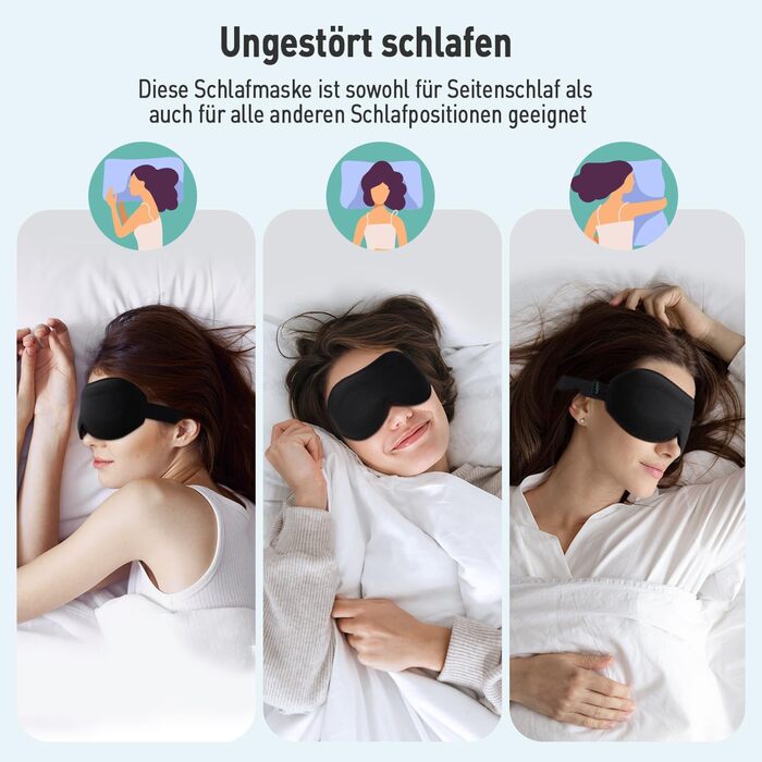 Маска для сну Umisleep для тих, хто спить на боці, з 3D-кишеньками для очей та регульованим гумовим ремінцем, блокує світло та дихає, підходить для чоловіків та жінок, для подорожей та йоги, чорна