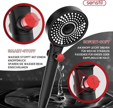 senstil® Premium Showerhead with Hose | Up to 60% Water-Saving Handheld Shower | 3 Spray Modes | SPA, Rain Shower, Booster | Optimal Water Pressure, Smart-Stop Button Saves Water & Energy (White) (Black Max)