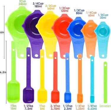 Measuring Cup and Spoon Set, Stackable, 7 Measuring Cups and 7 Measuring Spoons with Levelers, Dishwasher Safe, Plastic Measuring Cups, Stackable Cups, 15 Piece (Random Color)
