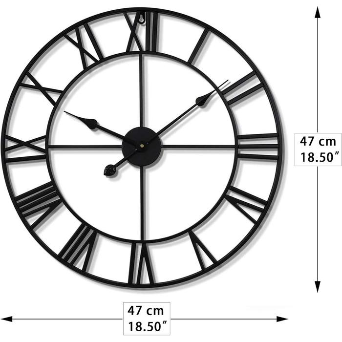 HAITANG Large Vintage Wall Clock, Black Round Metal Wall Clock Silent No Ticking, Battery Operated, 47cm Roman Numerals, Clocks for Living Room, Bedroom, Kitchen Decoration