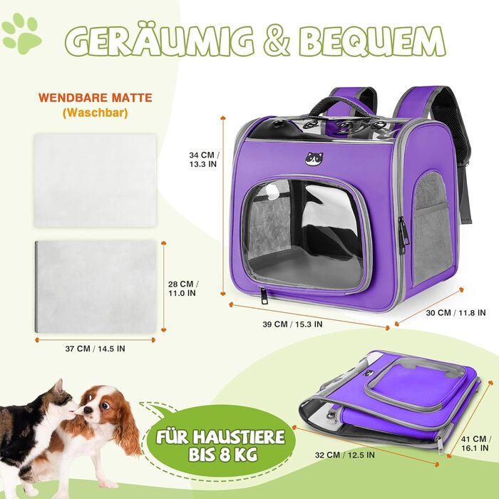 Рюкзак для котів та собак великих порід від ALLSOPETS, дихаючий, з фронтальною відкриваемою конструкцією та страхувальним ремінцем, ідеальний для подорожей, прогулянок та хайкінгу (Квітково-рожевий, Лавандовий)