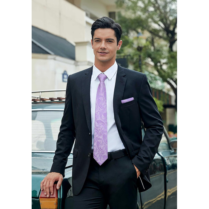 Краватка для чоловіків HISDERN 160 см, довга, з нагрудним хустиною, для весілля та бізнесу, шовкова, елегантна (фіолетовий паваротті)