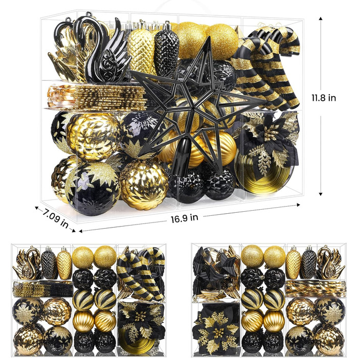 Набір прикрас для ялинки Alupssuc 128 шт: кулі, квіти, стрічки, верхівка, гачки. Чорний та золотий, синій та золотий.