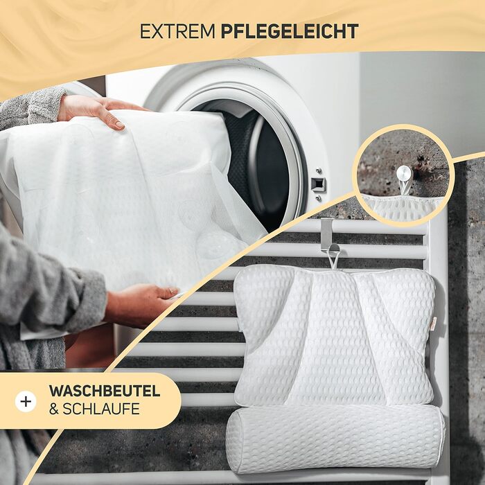 Vybelle® Bathtub Pillow Breathable 4D Air Mesh [perfect ergonomic fit] Bath cushion for neck and back relaxation – incl. extra carrying bag – Bath tub Pillow Designed in Germany